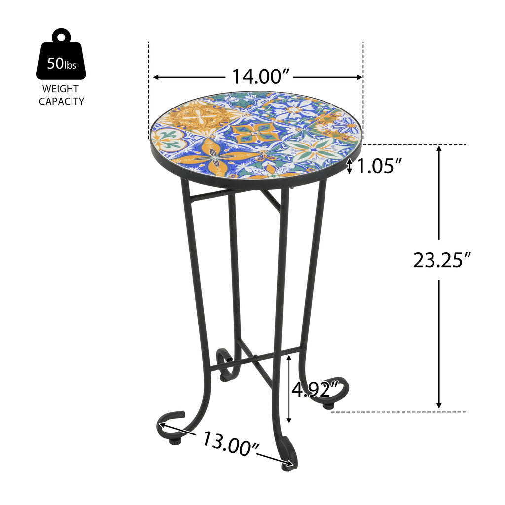 Vibrant French Country Patio Side Table with Colorful Ceramic Tile and Black Iron Frame