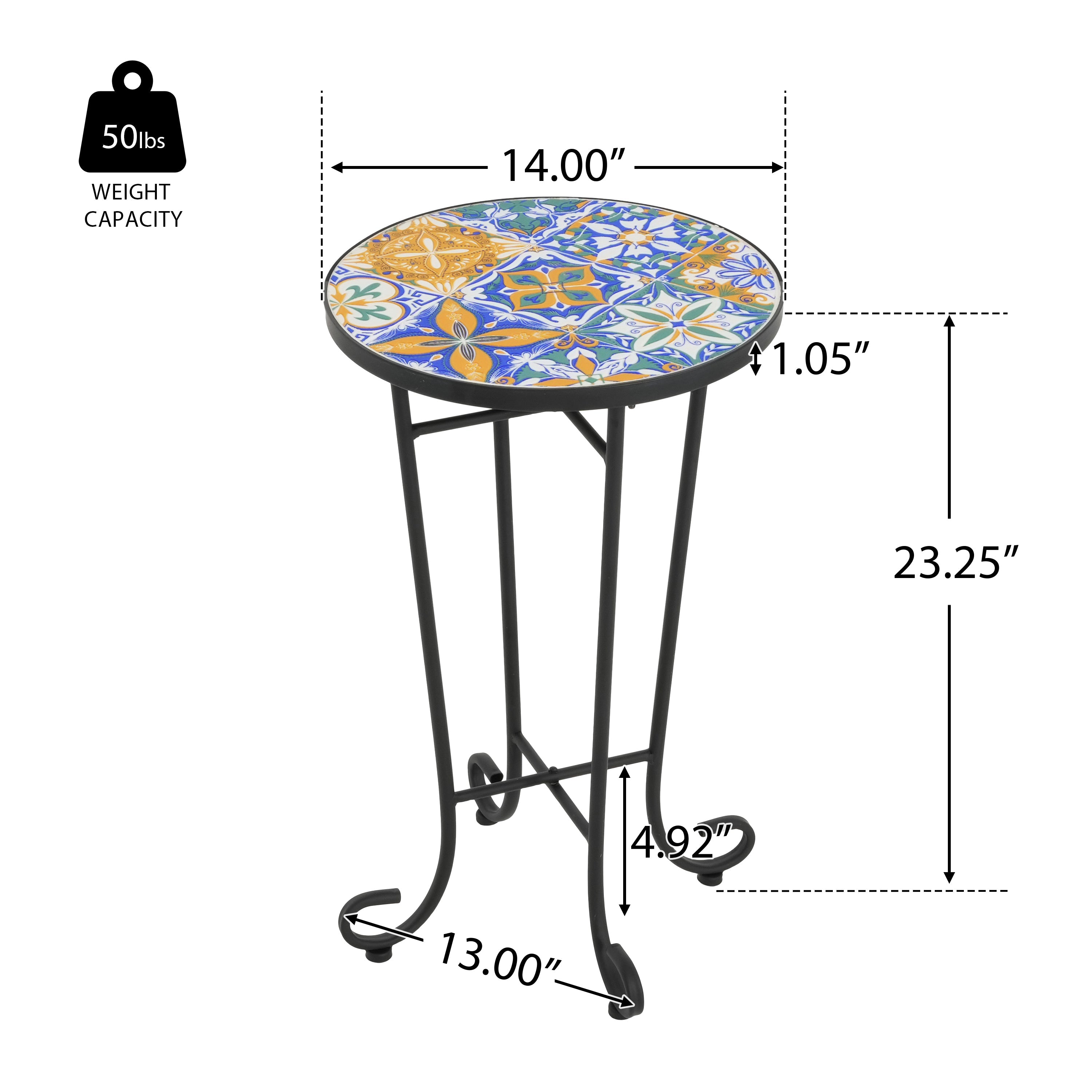 Vibrant French Country Patio Side Table with Colorful Ceramic Tile and Black Iron Frame
