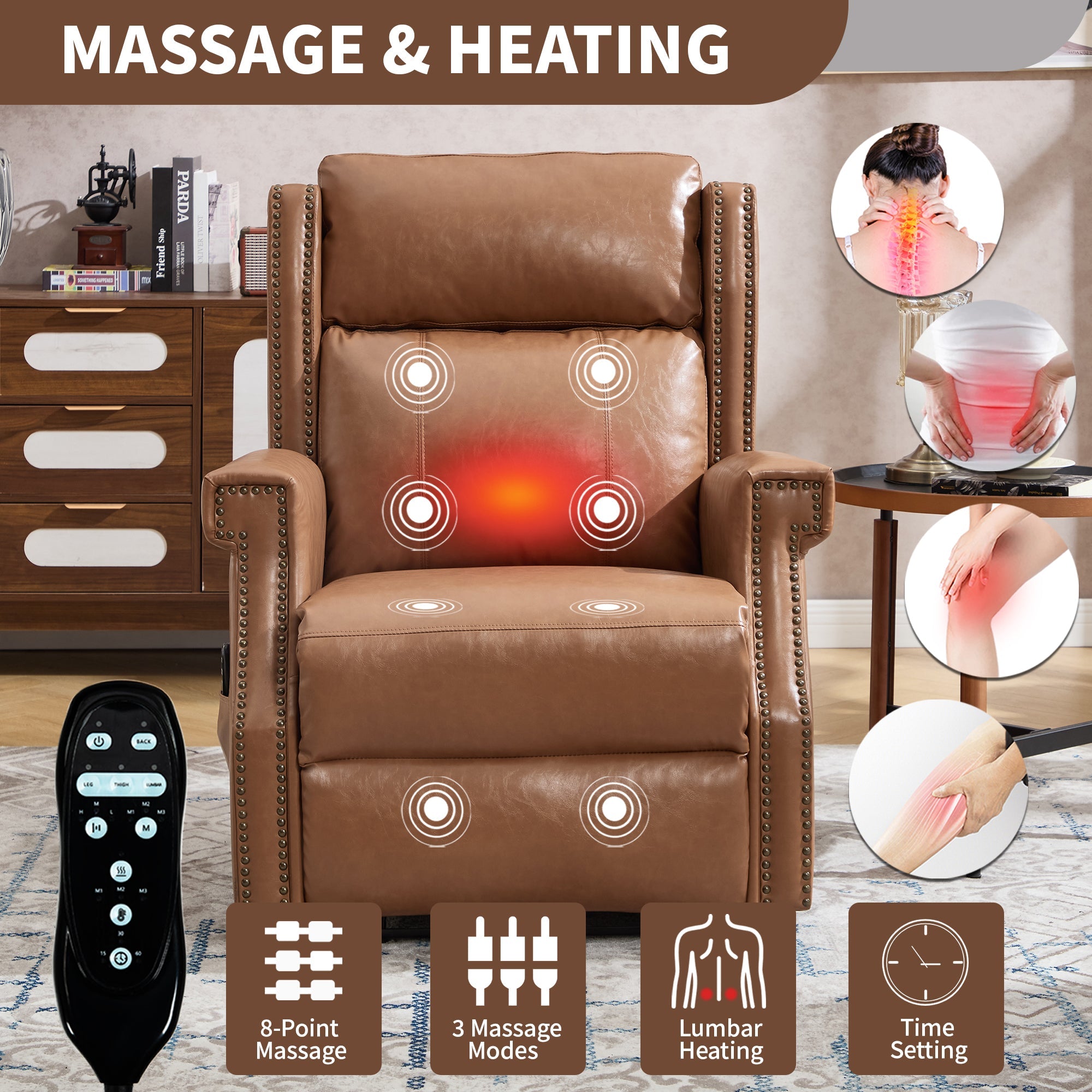 Camel Manual Recliner Chair in Faux Leather for Living Room with Heavy Duty Motion Mechanism, 8 vibrating nodes and 3 massage modes.