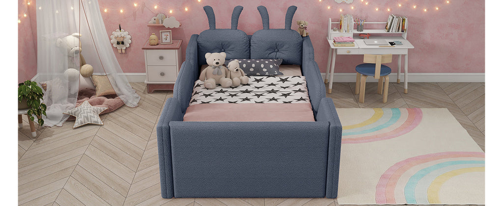 Twin Size Upholstered Platform Bed with Rabbit Cushion, Kids Floor Upholstered Bed with Removable Side Rails, Gray(Expect Arrival Date 2025/1/15)