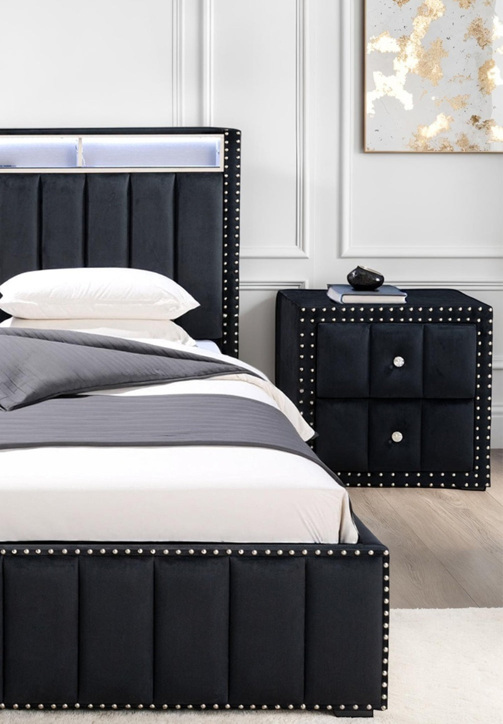 Full Size Bed And 2x Nightstands Bedroom Furniture Luxury Look Black Fabric Upholstered Bedframe w LED Nailhead Trim 3pc Bedroom Set