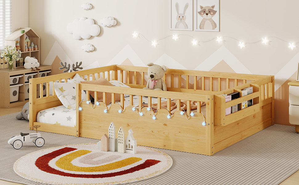 Full Montessori Floor Bed Frame with High Rails, Wood Kids Floor Beds with Light and Storage Shelf, Natural (Expect Arrival Date 2025/8/15)