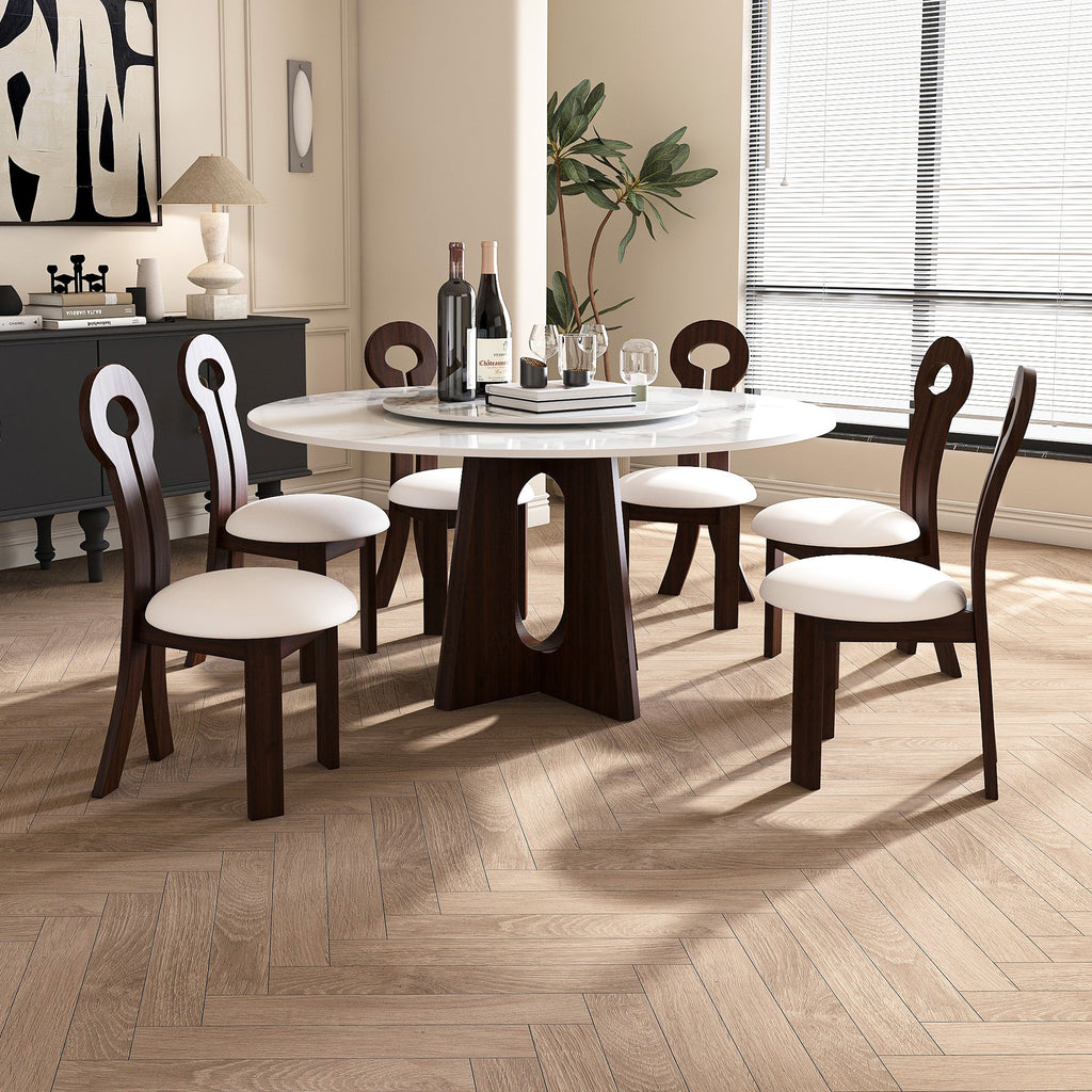 Dining Chairs Set of 2, Key-design Home Chairs, PU Leather Solid Wooden Dining Chairs with White Round Cushion for Kitchen Dining Room-Deep Walnut Brown