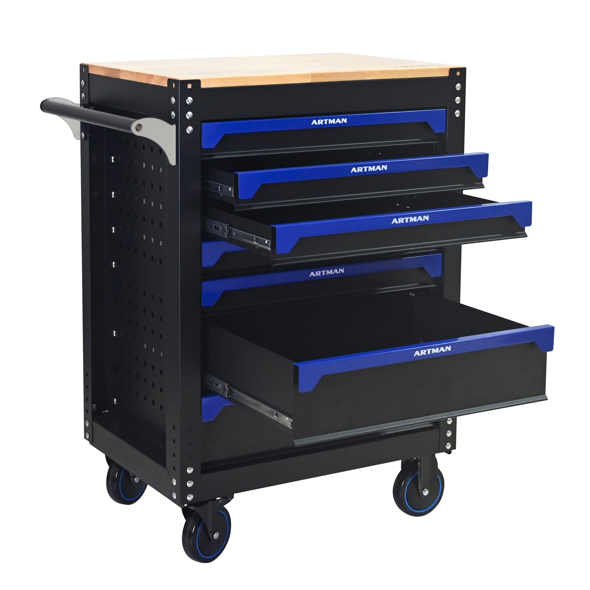 30-inch 7-drawer Wood-top Practical Rolling Steel Tool Cart, With Handle and Wheels, Storage Cabinet for Garages, Warehouses, Repair Shops, Requires Assembly of the the Tool Cart - Black & Blue