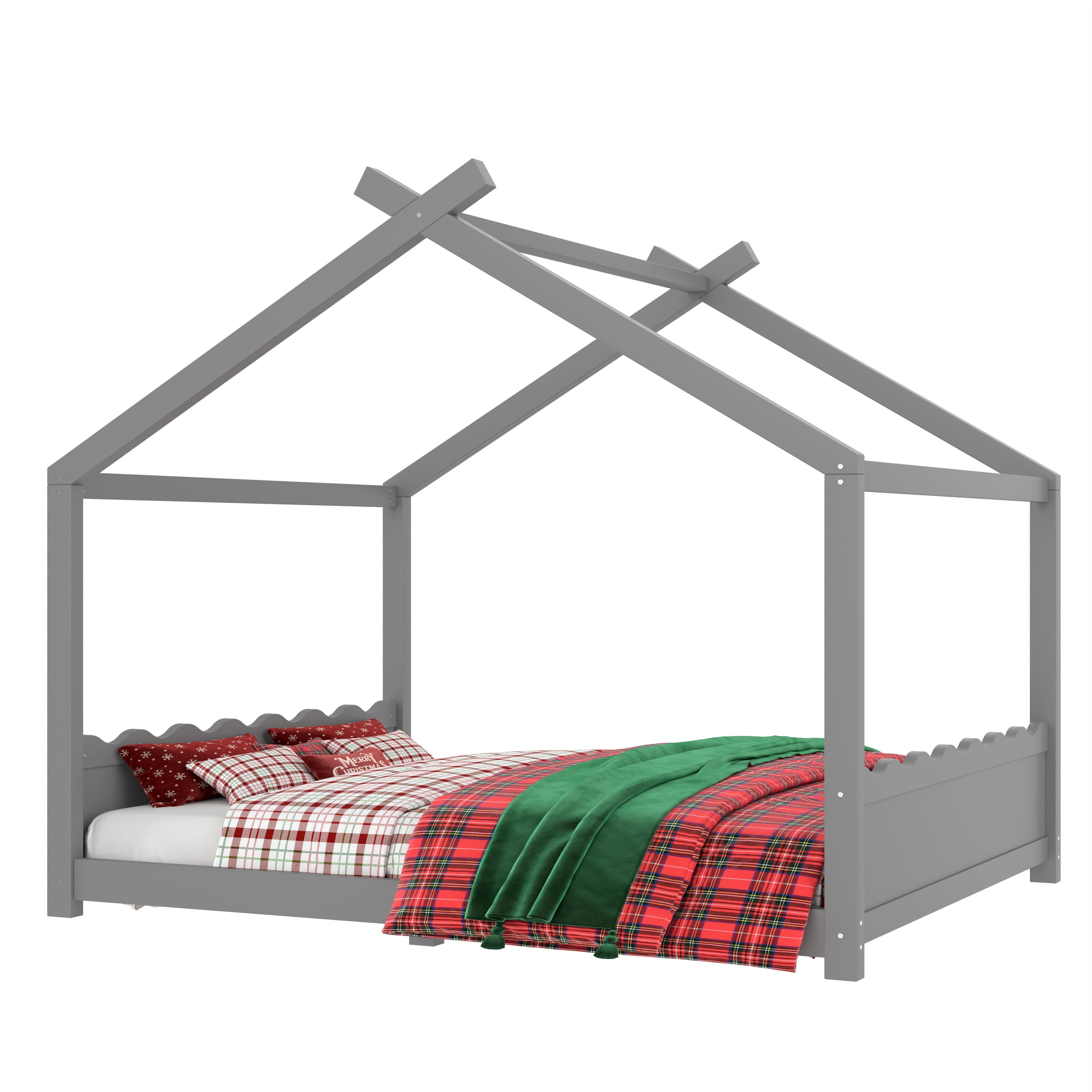 Queen House Floor Bed with Support Slats, Solid Wood House Bed Frame for Kids, No Box Spring Needed and Opening Constructure, Gray