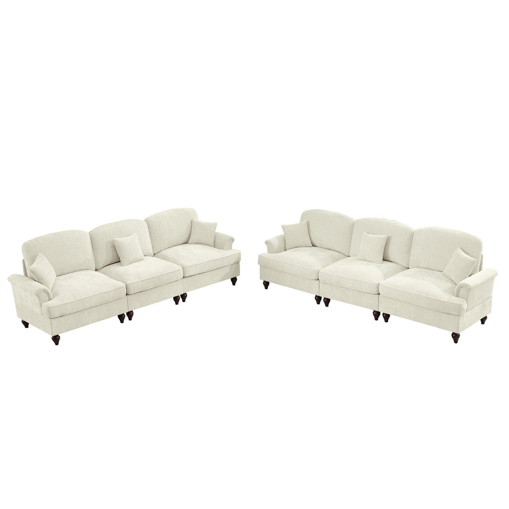 Classic 2 Piece Modular Couch Living Room Sofa Set with Flared Arms and Removable Ruffles Pleats Skirts and Spindle Legs, 3 Seater Sofa +3-Seat Loveseat Sofa Sets for Living Room, Beige White