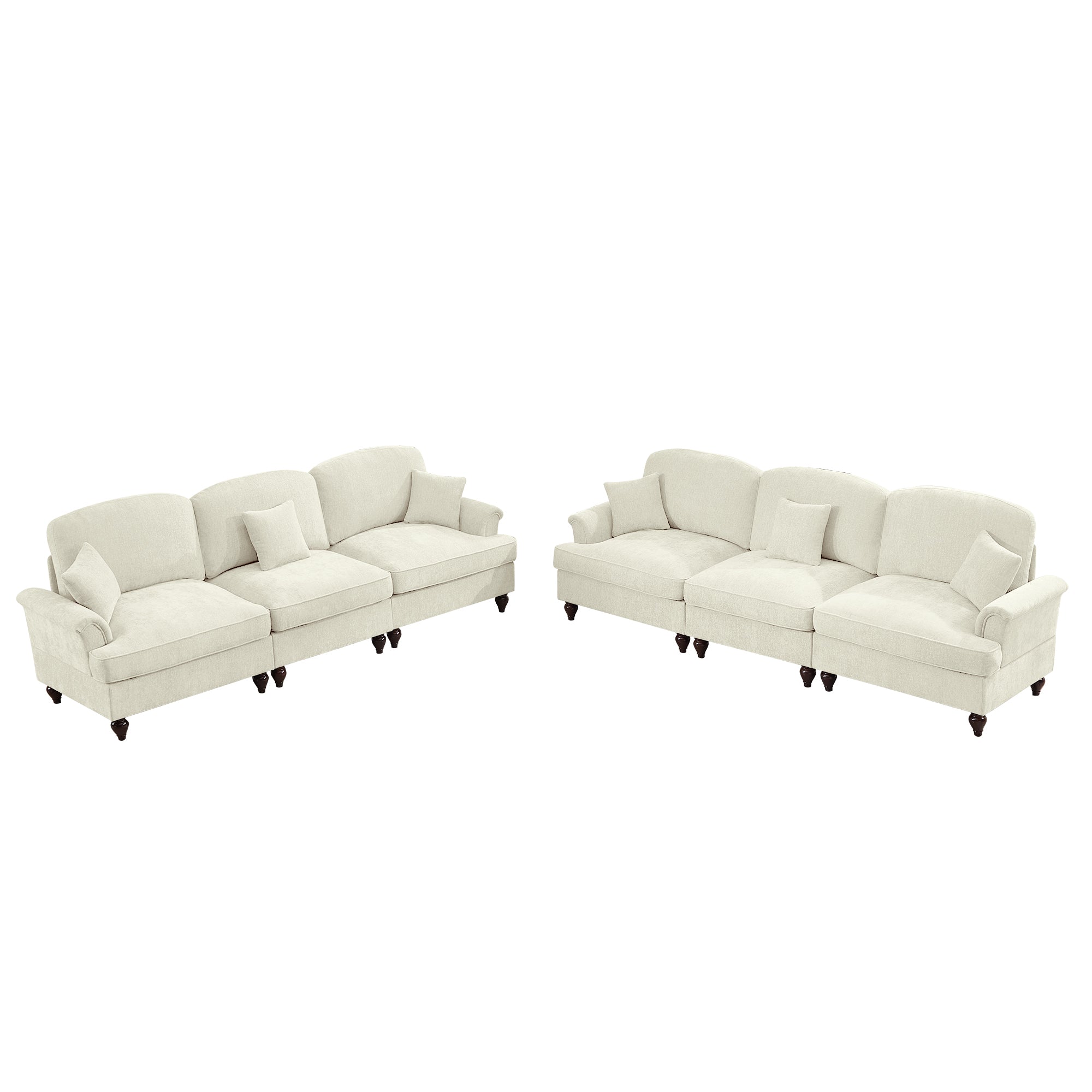Classic 2 Piece Modular Couch Living Room Sofa Set with Flared Arms and Removable Ruffles Pleats Skirts and Spindle Legs, 3 Seater Sofa +3-Seat Loveseat Sofa Sets for Living Room, Beige White