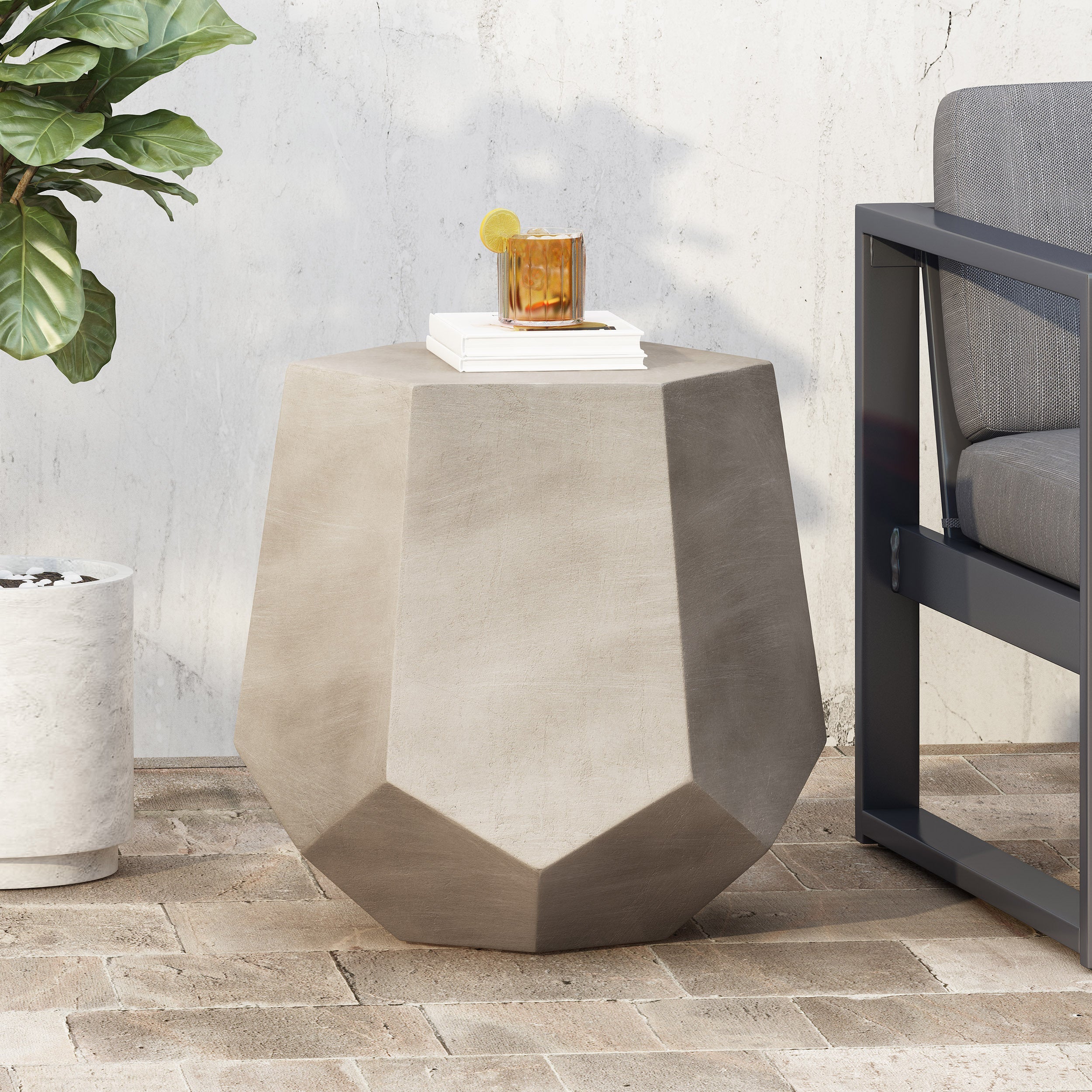 Outdoor CALGARY Side Table Light Grey Magnesium Oxide Contemporary Design 20.50 x 18.50 x 18.75 inches