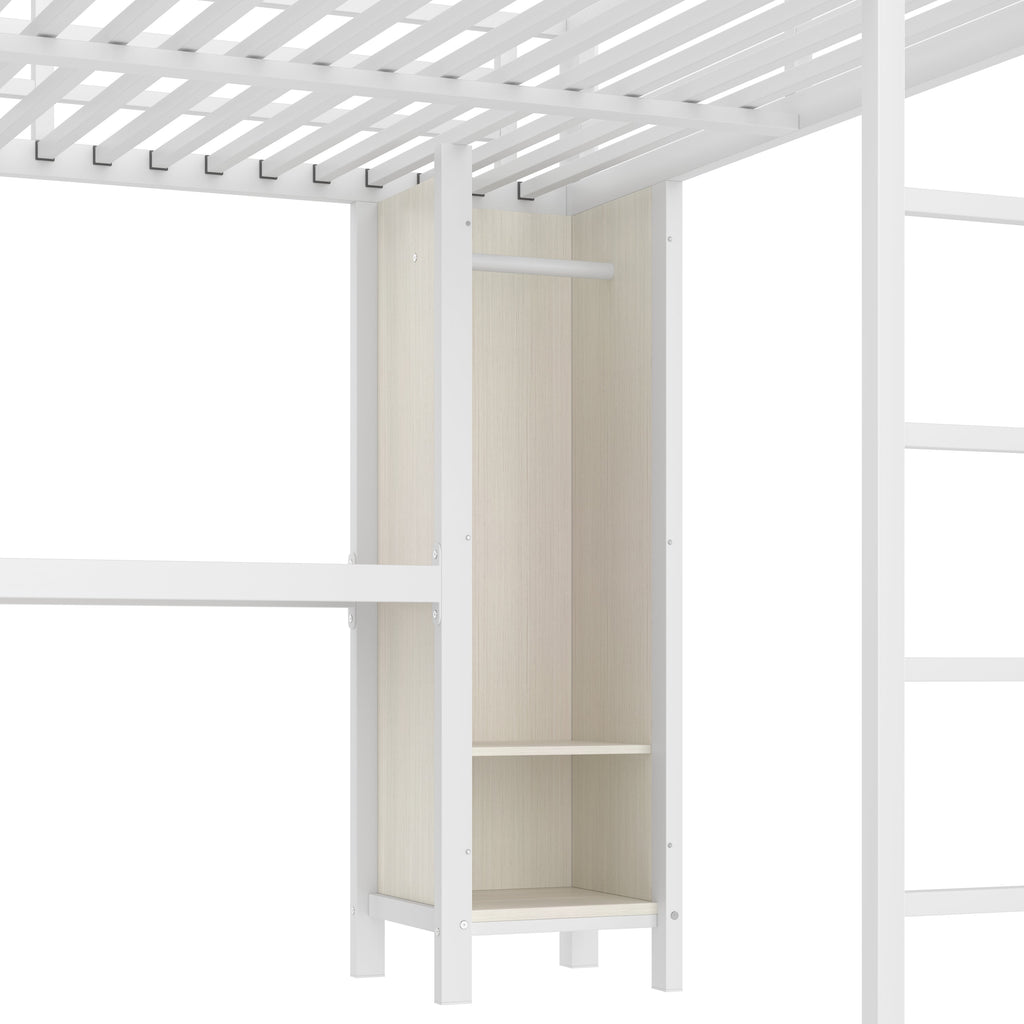 Metal Loft Bed with Wardrobe And L-shaped Desk, Queen Size Loft Bed with Storage Cubes and Shelves, Heavy Duty Loft Bed for Kids Teens Adults, White Wood-grain