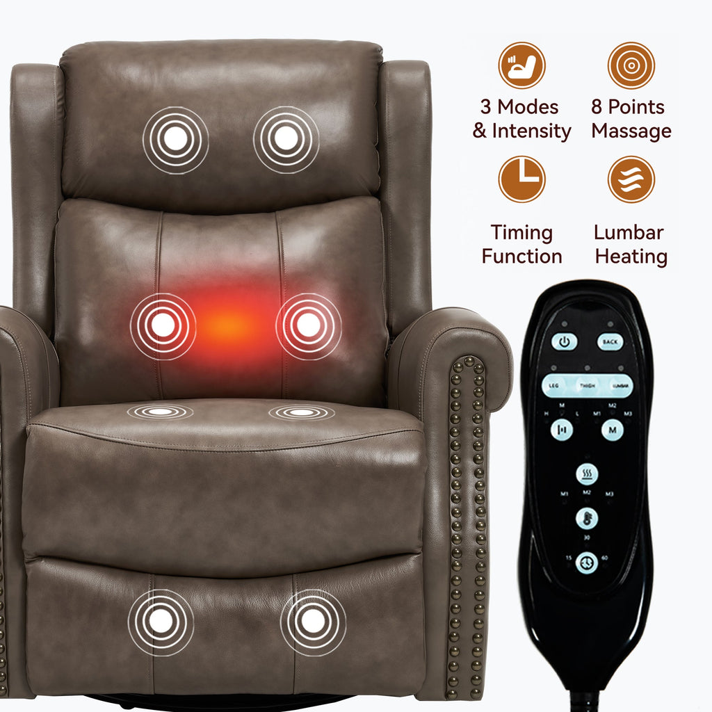 Heat Massage Manual Recliner Chair with Rocker and Swivel in Genuine leather for Living Room