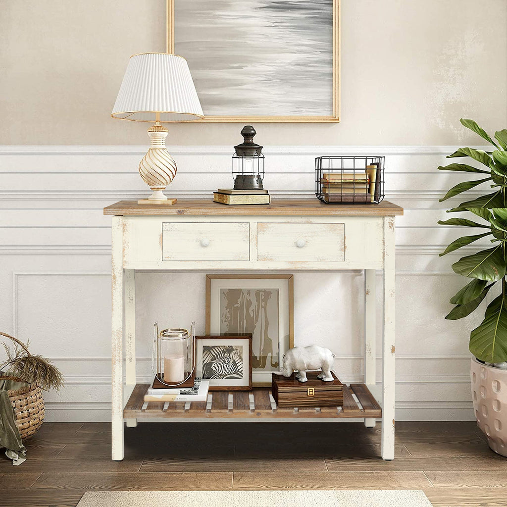 Vintage Two - Drawer Console Table with Open Shelf, Distressed Finish for Entryway & Living Room