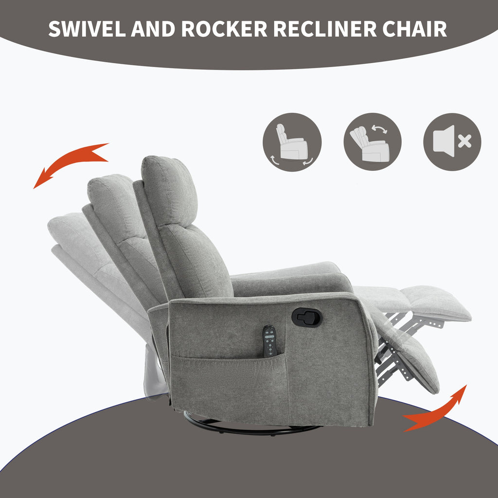 Heat Massage Manual Recliner Chair with Rocker and Swivel in Fabric for Living Room, Light Grey