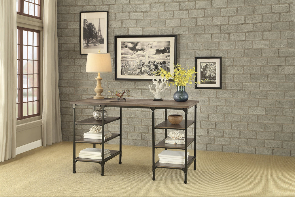 Modern Traditional Aesthetic 1pc Counter Height Writing Desk with 6x Shelves Natural Finish and Rustic Black Metal Finish