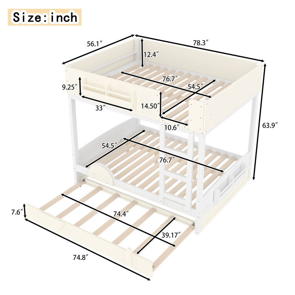 Full Bunk Bed with Trundle , Wood Bunk Bed Frame with Built-in Bookshelf and High-quality Safety Guardrail,Automobile Form Design for Kids ,White＆ Beige.