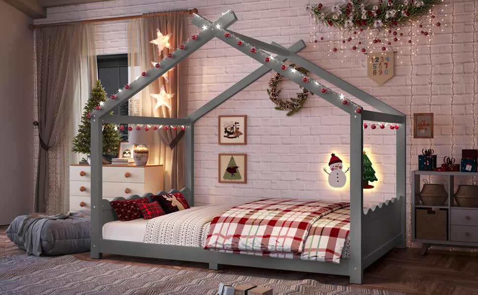 Full House Floor Bed with Support Slats, Solid Wood House Bed Frame for Kids, No Box Spring Needed and Opening Constructure, Gray