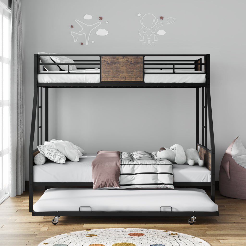 Twin Over Full Bunk Beds with Trundle, Metal Bunk Bed Frame with Safety Guardrail and 2 Ladder for Kids,Sturdy Metal Frame and Protective Board Supports, No Box Spring Needed, Easy Assembly