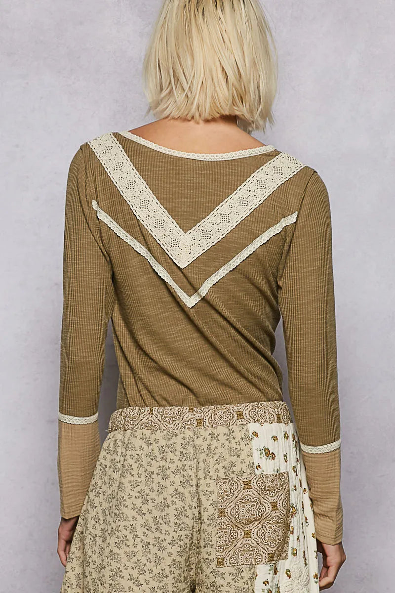 POL Ribbed Half Button Lace Detail Knit Top