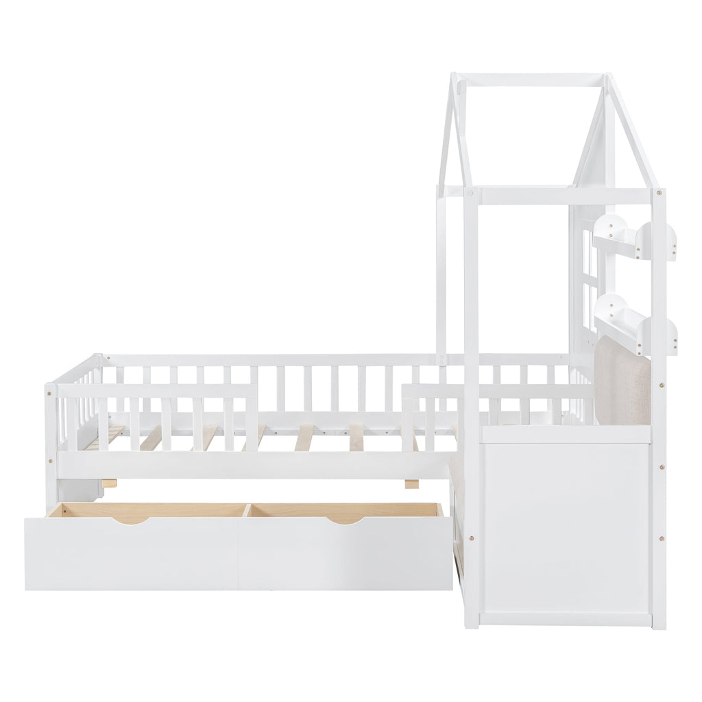 Twin Size House Bed with Sofa, Kids Platform Bed with Two Drawers and Storage Shelf, White (Old SKU:HL000065AAK)