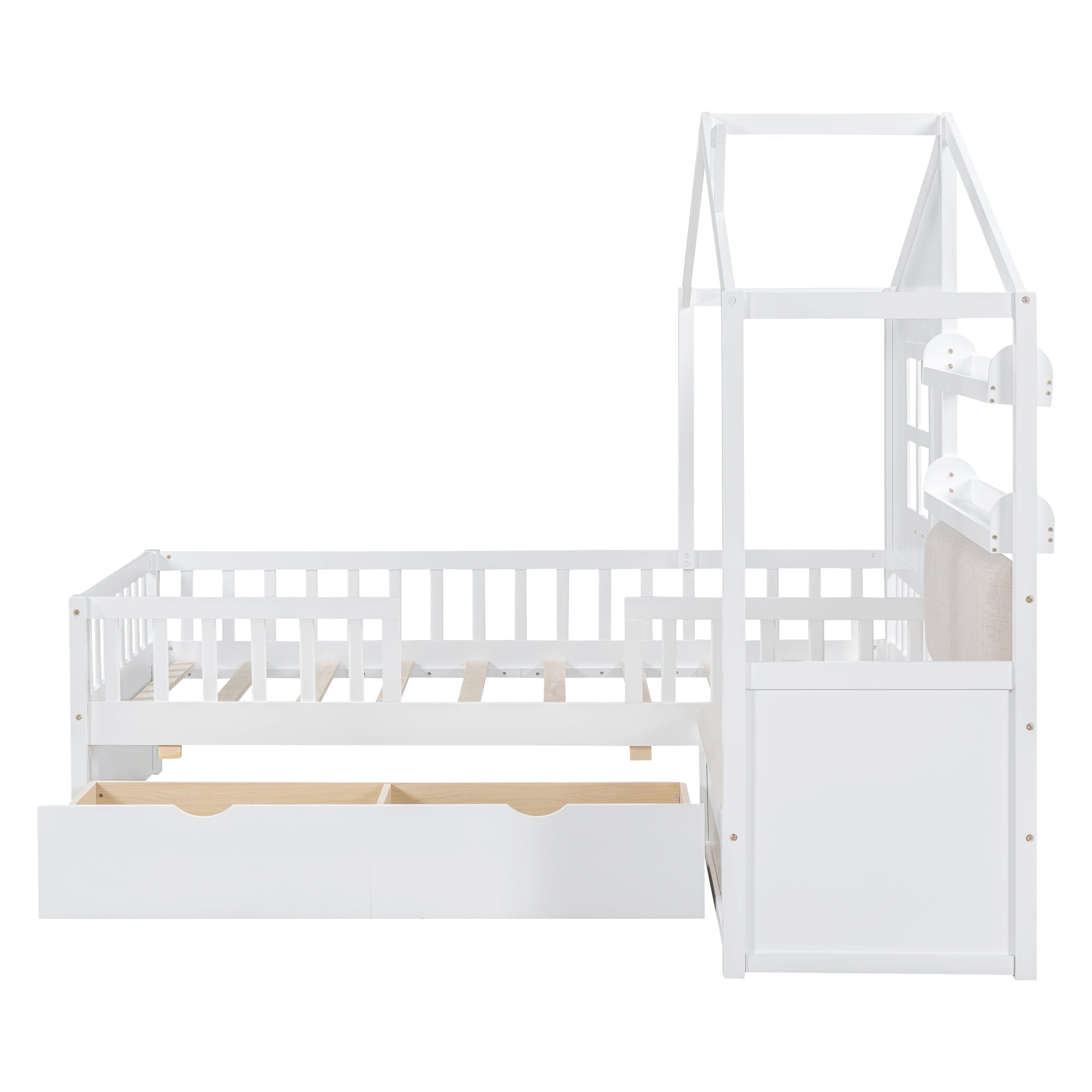 Twin Size House Bed with Sofa, Kids Platform Bed with Two Drawers and Storage Shelf, White (Old SKU:HL000065AAK)