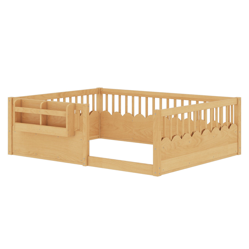 Full Floor bed with Heightened Fence and bookshelf ,Wood Floor Bed for Kids,Natural.