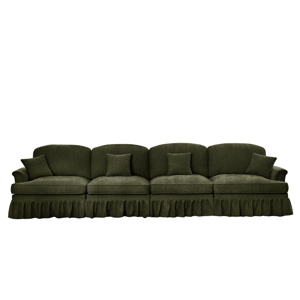 Elegant Mid Century Large 4 Seater Sofa Couch with Flared Arms and Removable Ruffles Pleats Skirts and Spindle Legs, Comfy Chenille Four-Seat Sofa for Living Room, Green