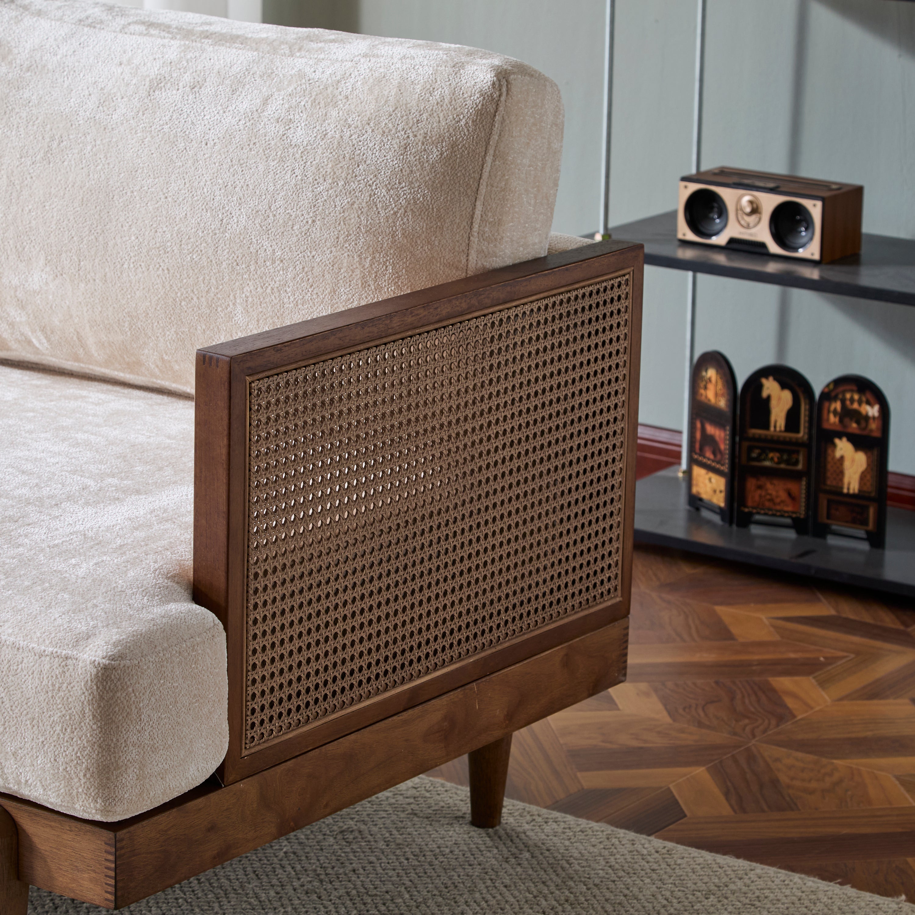 EMIR 72' Square Arm 3-Seater Sofa with Cane Rattan and Wooden Frame,Walnut,,Living Rooms,Bedrooms,Apartment Office