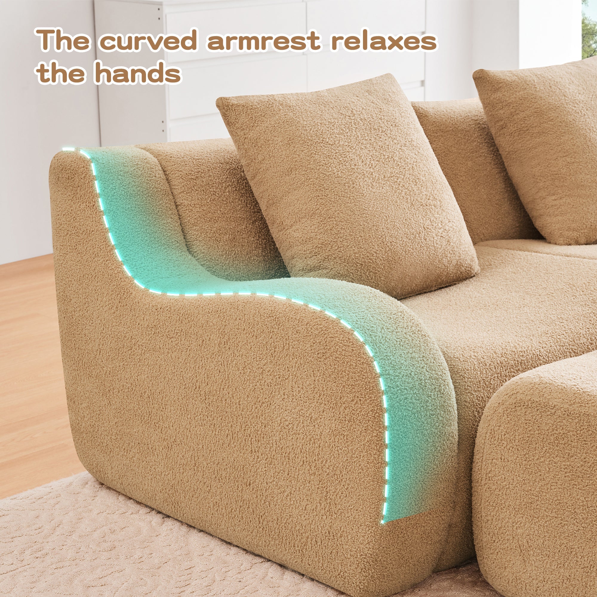 U-Shaped Boneless Sofa,Teddy Fabric No assembly required   Curved armrest,Anti-slip Design,Streamlined Design 32D High Density Sponge,Full Compression Vacuum Packag,For Studies living Rooms,Camel