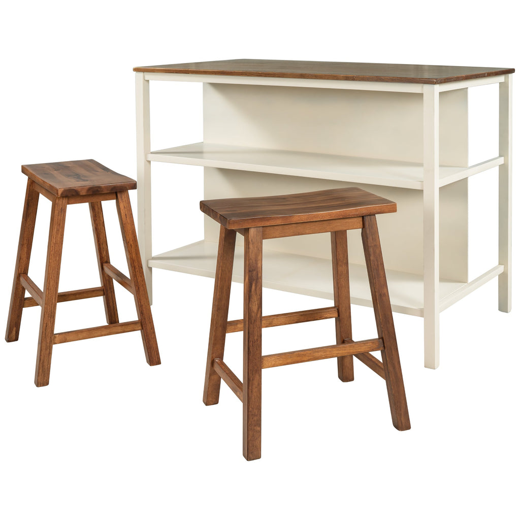 TOPMAX Rustic 3-piece Stationary Kitchen Island Set with Butcher Block and Seating, Walnut and Cream White