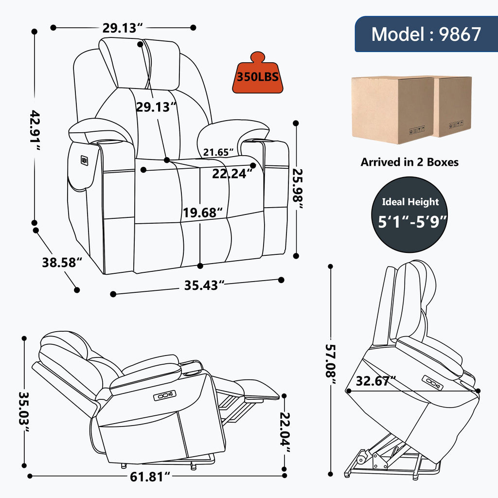Up to 350 LBS polyester Power Lift Recliner Chair, Heavy Duty Motion Mechanism with 8-Point Vibration Massage and Lumbar Heating, USB and Type-C Ports, Stainless Steel Cup Holders, Beige