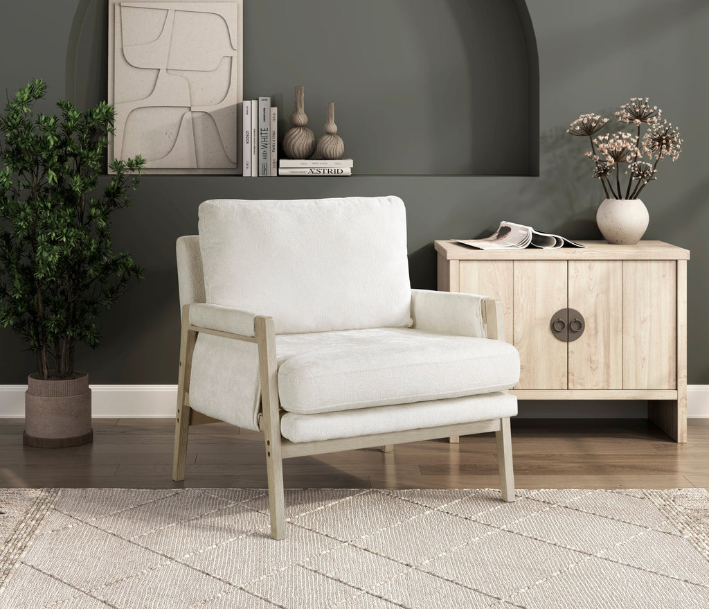 Modern Home Accent Chair Cushion Seat Back Cream Chenille Fabric Upholstery Solid Wood Furniture 1pc