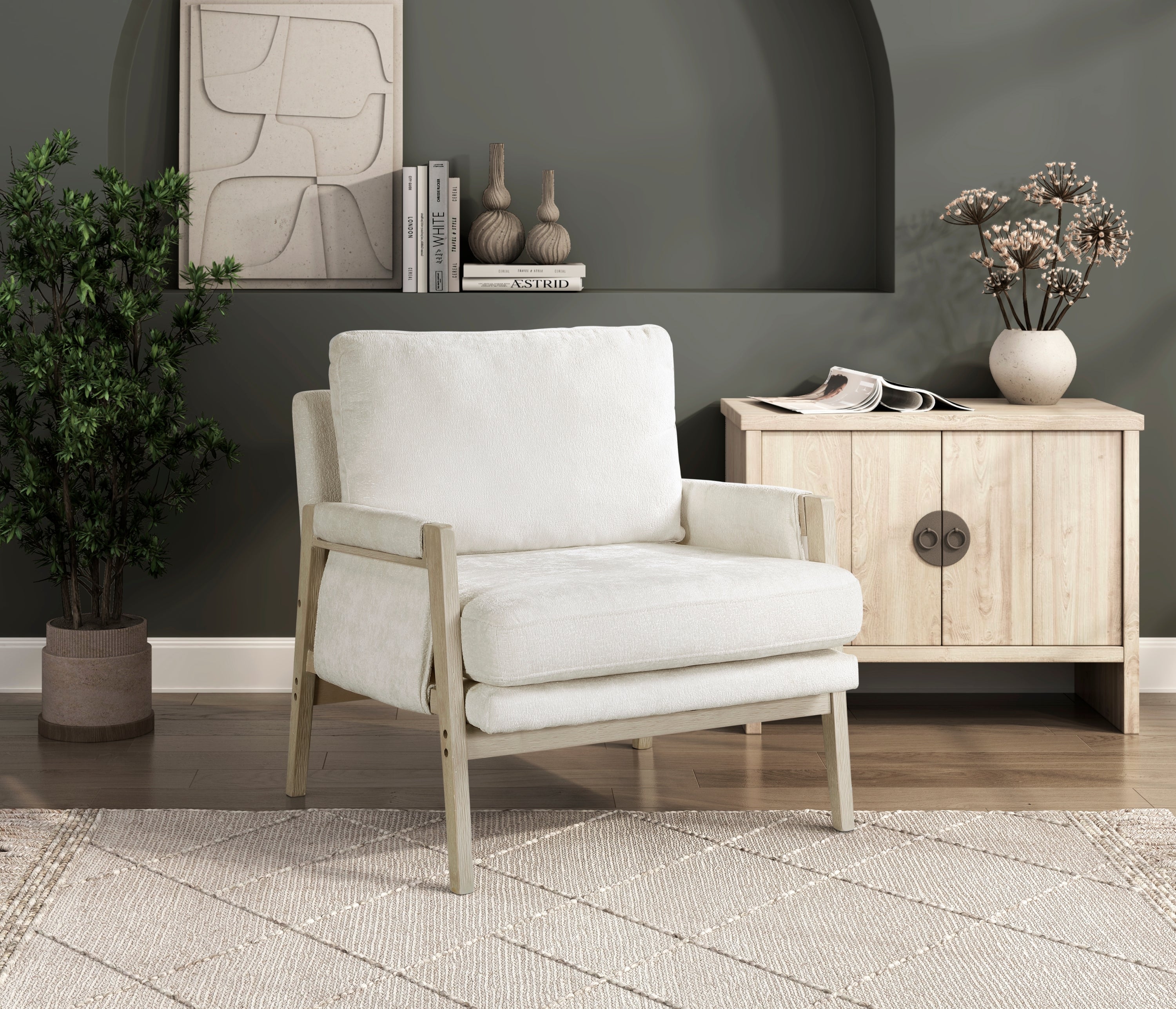 Modern Home Accent Chair Cushion Seat Back Cream Chenille Fabric Upholstery Solid Wood Furniture 1pc