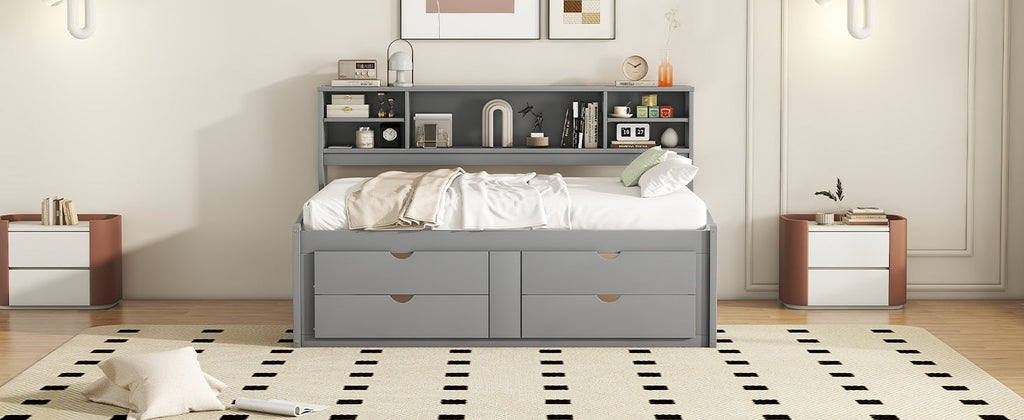 Full Size Wood Daybed with 2 Bedside Cabinets, Upper Shelves and 4 Drawers, Gray