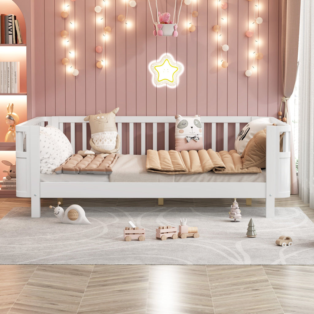 Full Size Wood Platform Bed for Kids, Wood Low Profile Full Bed with Rails for Girls and Boys, White (Patented Design, Old SKU W2593P233767)