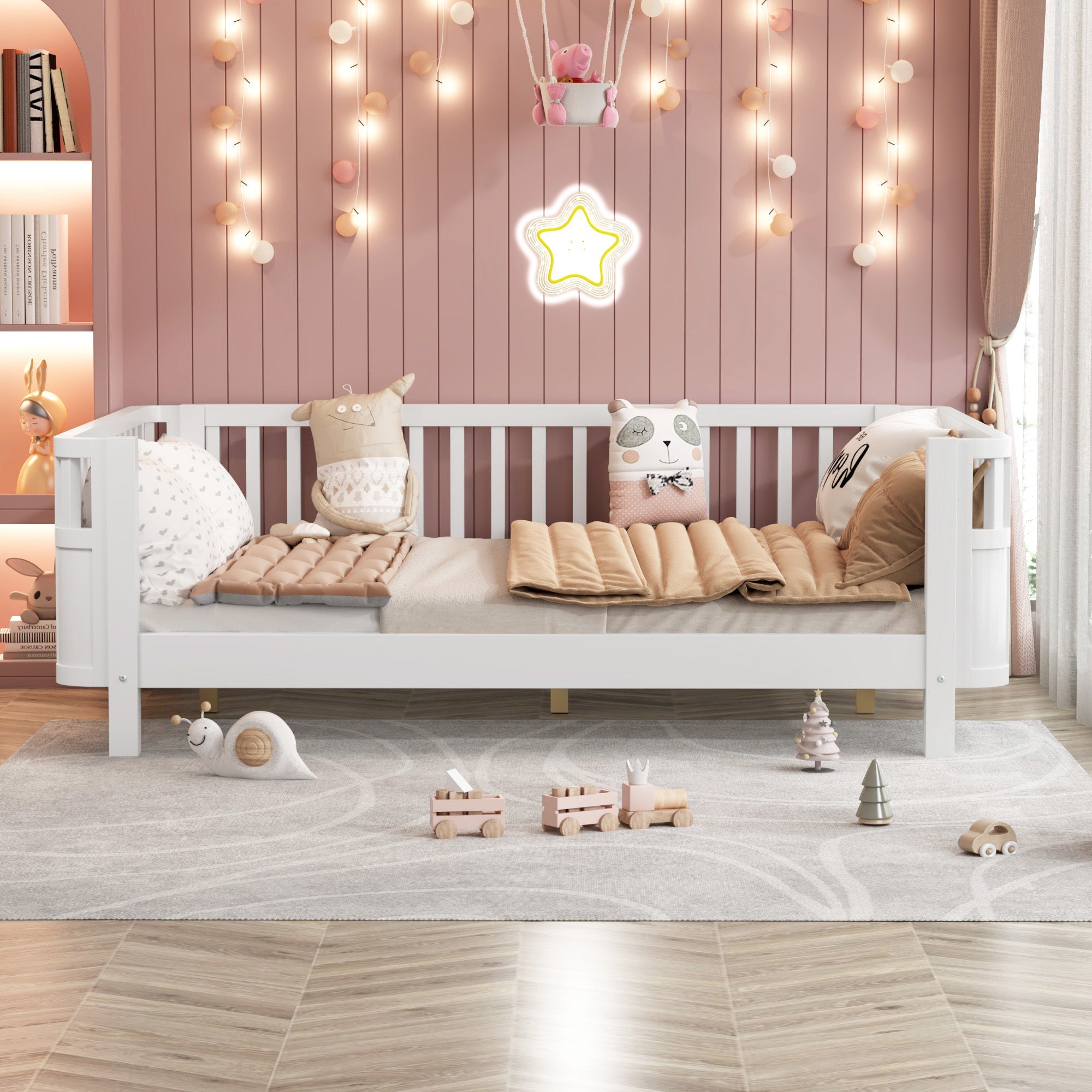 Full Size Wood Platform Bed for Kids, Wood Low Profile Full Bed with Rails for Girls and Boys, White (Patented Design, Old SKU W2593P233767)