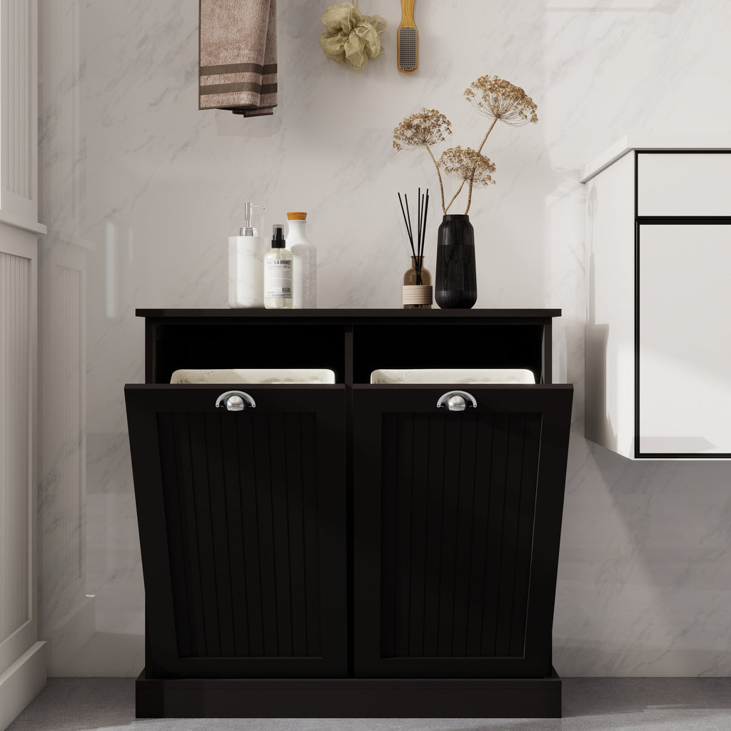 Two-Compartment Tilt-Out Laundry Sorter Cabinet-Black
