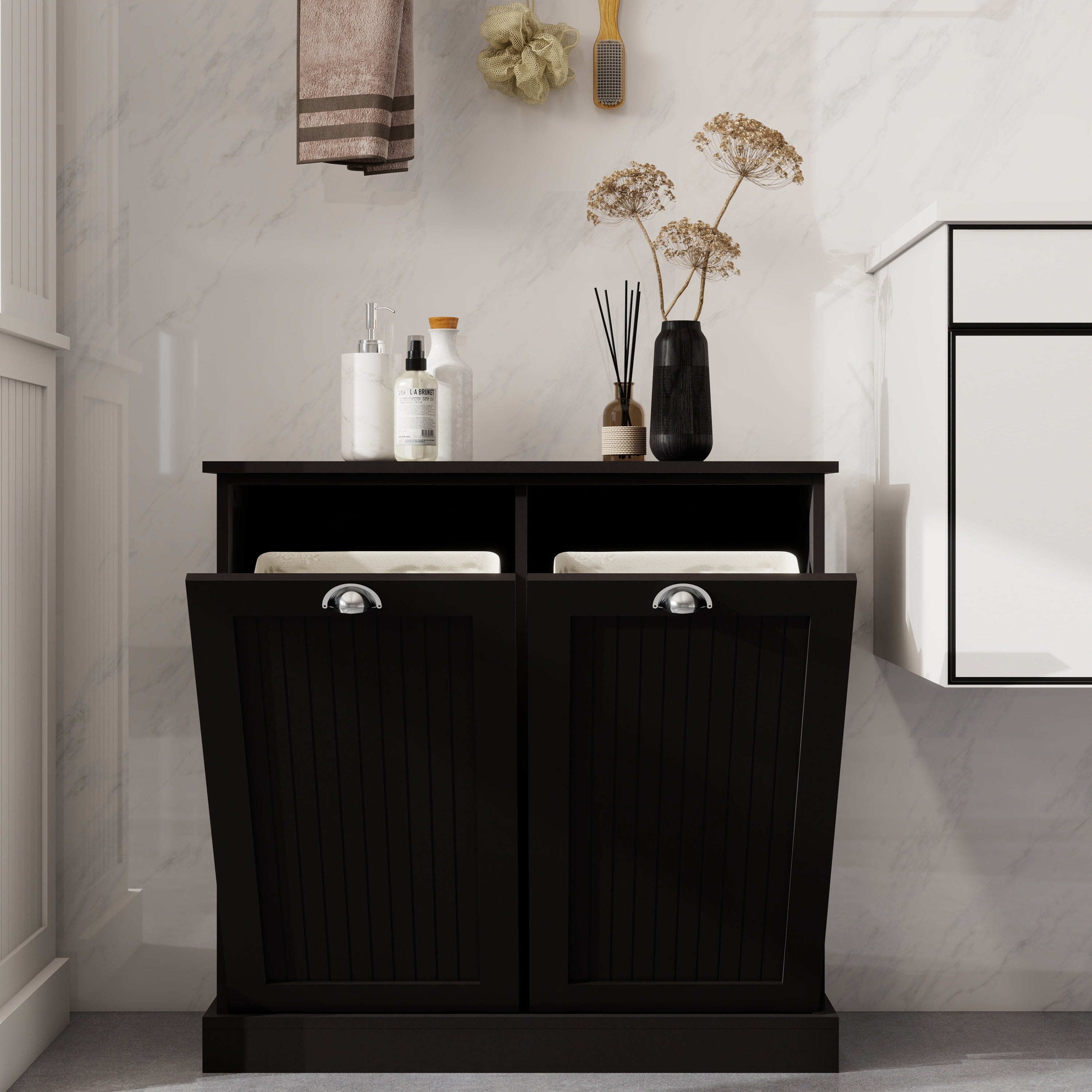 Two-Compartment Tilt-Out Laundry Sorter Cabinet-Black