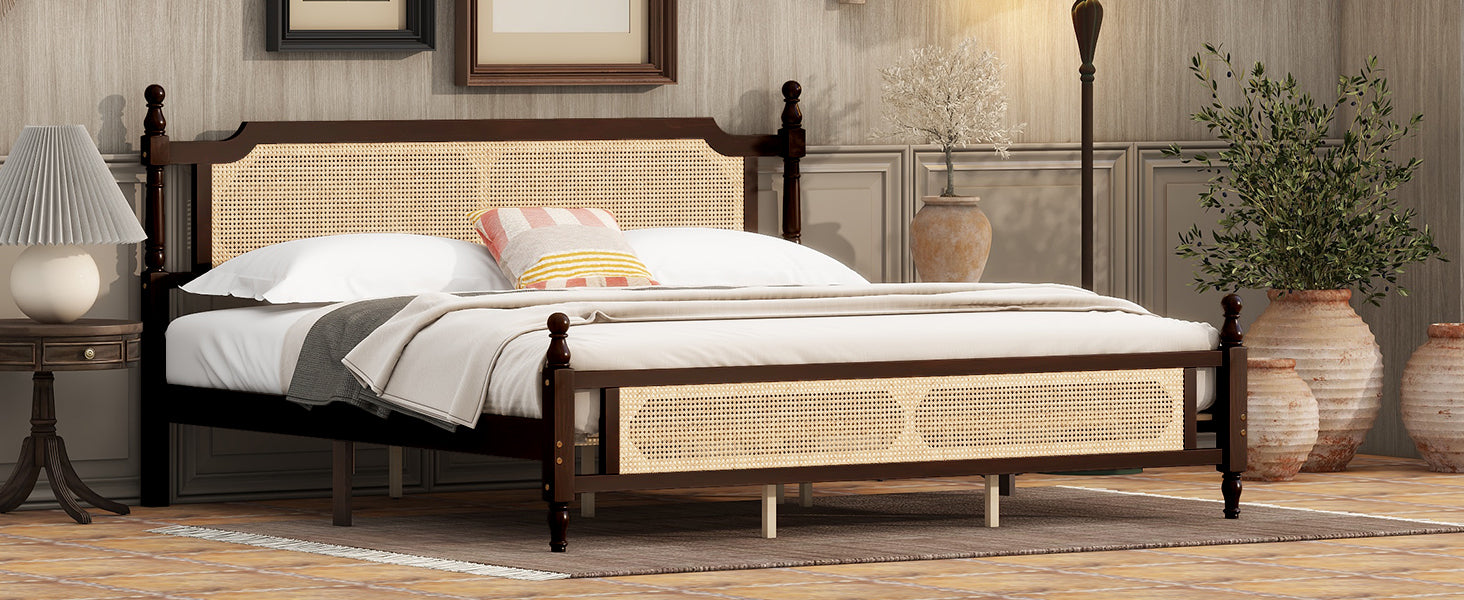 King Pine wooden Bed with Rattan Headboard  and Footboard, with  Central Enhanced Bed Platform ,Espresso