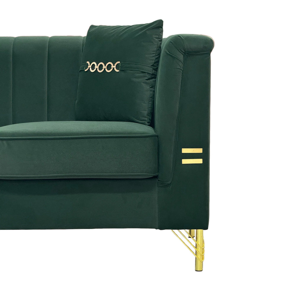 FX-P82-2PC SOFA -GR3  Green Velvet Sofa Set of 2, Two Modern 3-Seater Sofas with Plush Cushions & Gold-Tone Metal Legs  Stylish Living Room Couch Set for Homes, Apartments, and Guest Areas
