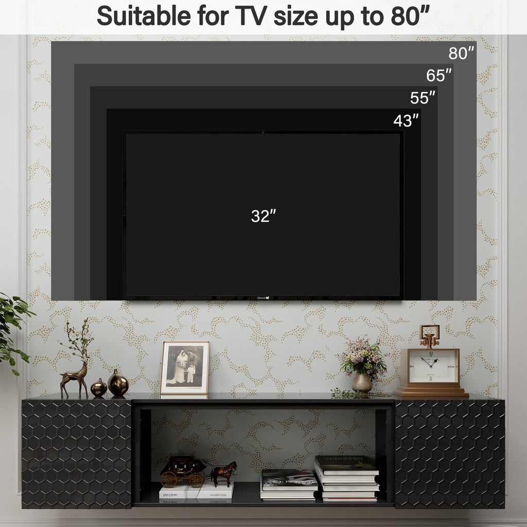 Floating TV Wall Mount Stand for 80 Inch TVs - Sturdy Wood Console, High Weight Capacity & Hidden Cable Management, Contemporary Style (Black)