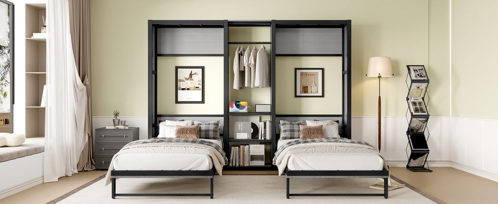 Twin and Twin Murphy Bed, Metal Foldable Murphy Bed with Wardrobe, Shelves and Power Outlets, 2 in 1 Design, Space-saving, Gray