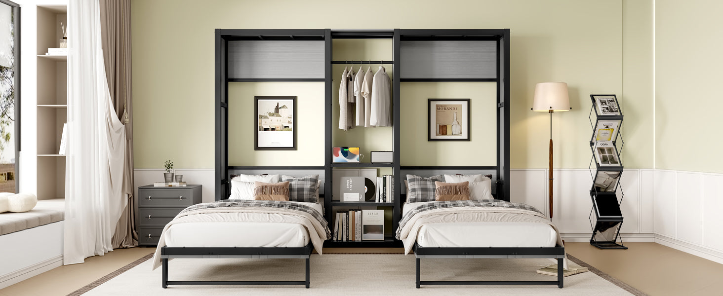 Twin and Twin Murphy Bed, Metal Foldable Murphy Bed with Wardrobe, Shelves and Power Outlets, 2 in 1 Design, Space-saving, Gray