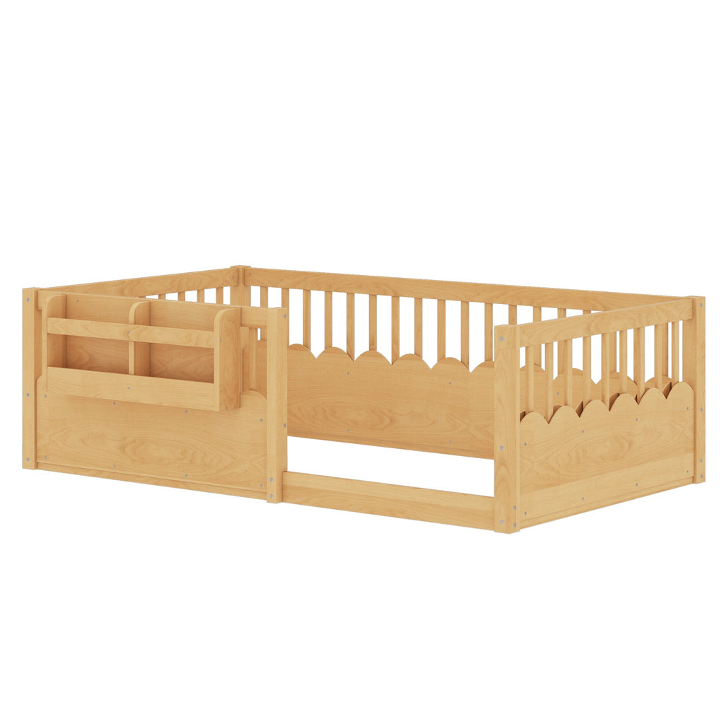 Twin Floor bed with Heightened Fence and bookshelf ,Wood Floor Bed for Kids, Natural.