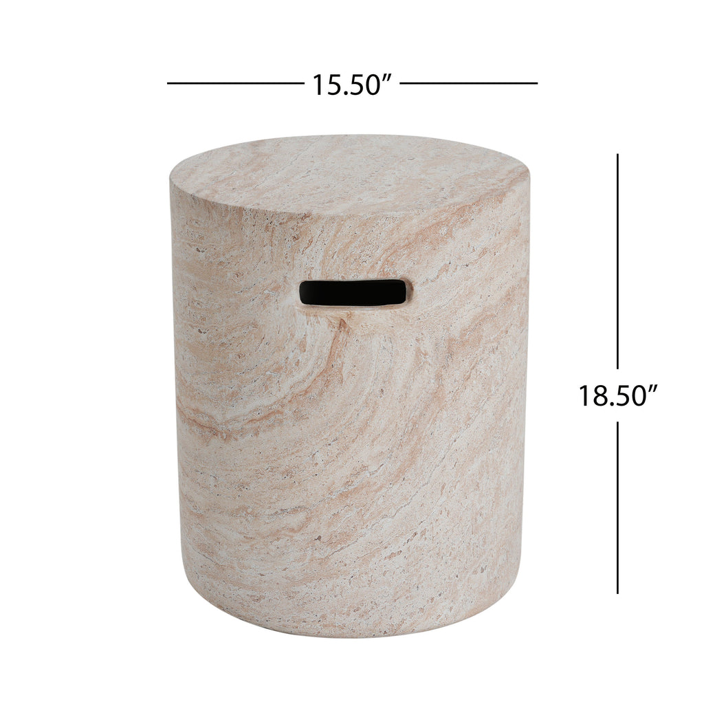 Modern Concrete Side Table with Travertine Finish, Indoor/Outdoor Use, Beige, 15.5 x 15.5 x 18.5 inches