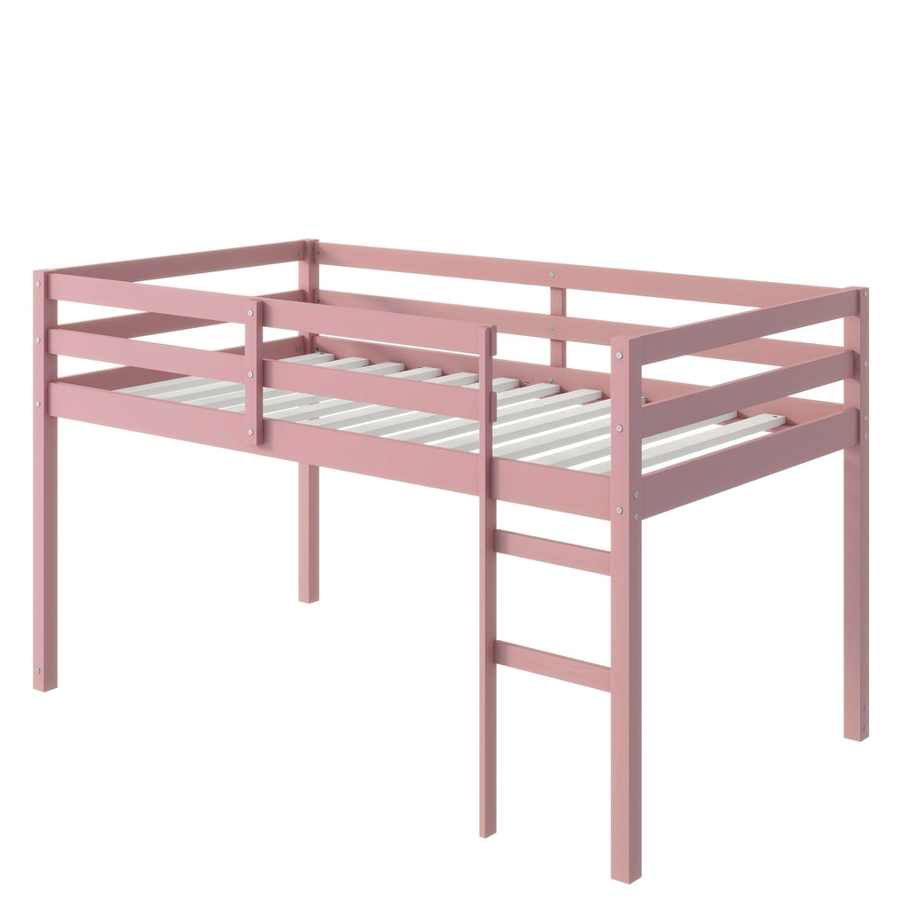 Solid Wooden, Rubber Wooden Twin Loft Bed with Ladder, Bed Platform of Strengthened Slats, Pink