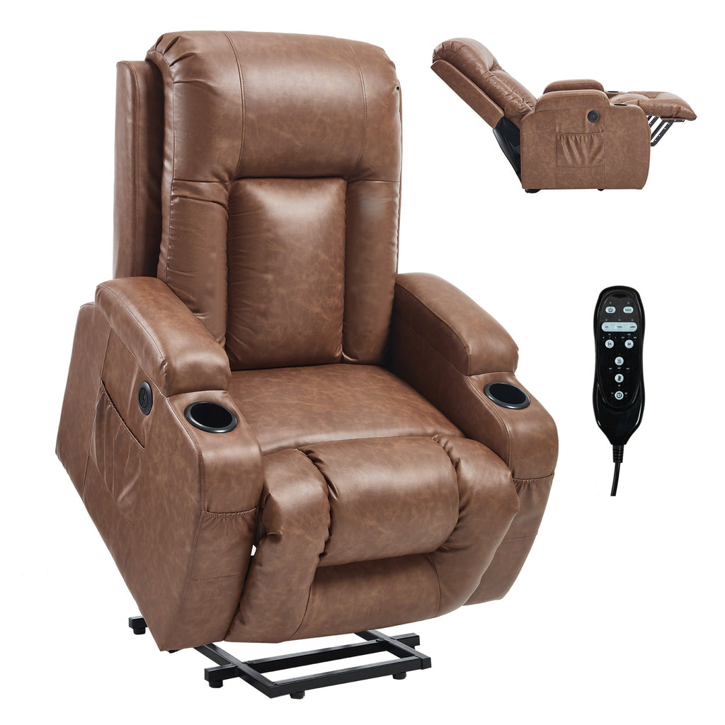 Brown PU Infinite Position Up to 350 LBS Power Lift Recliner Chair for Elderly, Heavy Duty Motion Mechanism with 8-Point Vibration Massage and Lumbar Heating, USB Charging Port, Cup Holders