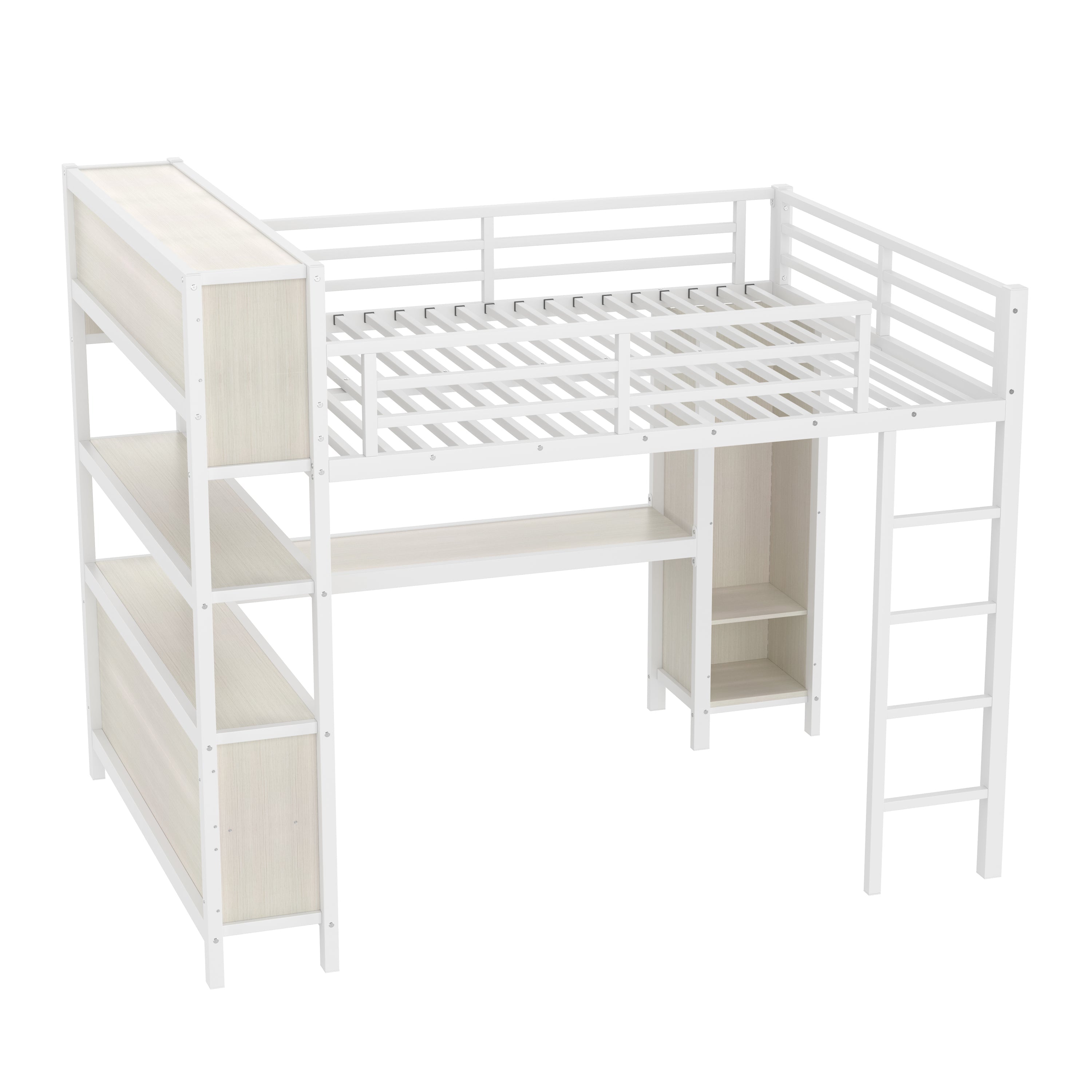 Metal Loft Bed with Wardrobe And L-shaped Desk, Queen Size Loft Bed with Storage Cubes and Shelves, Heavy Duty Loft Bed for Kids Teens Adults, White Wood-grain