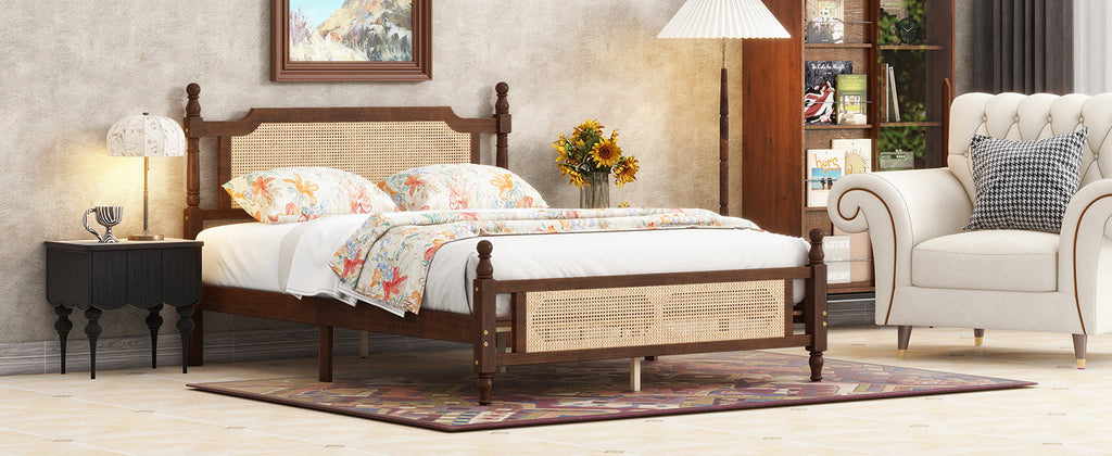 Queen Pine wooden Bed with Rattan Headboard  and Footboard, with  Central Enhanced Bed Platform,Walnut