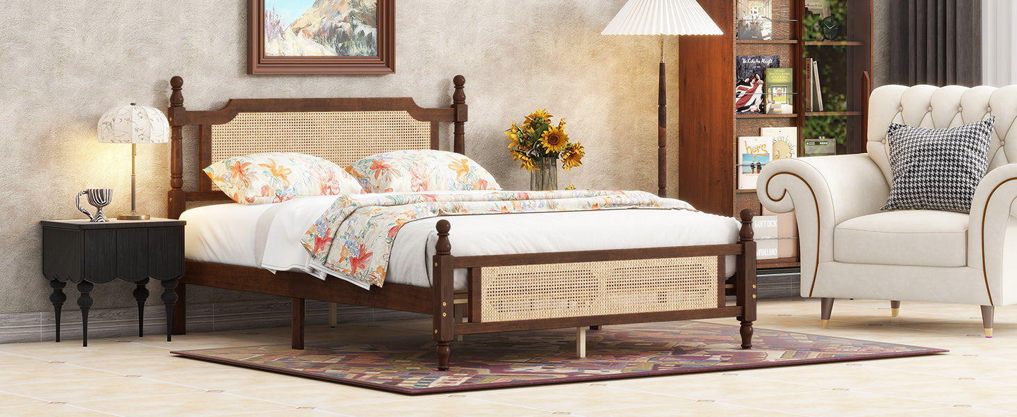 Queen Pine wooden Bed with Rattan Headboard  and Footboard, with  Central Enhanced Bed Platform,Walnut