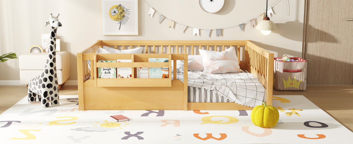 Full Floor bed with Heightened Fence and bookshelf ,Wood Floor Bed for Kids,Natural.