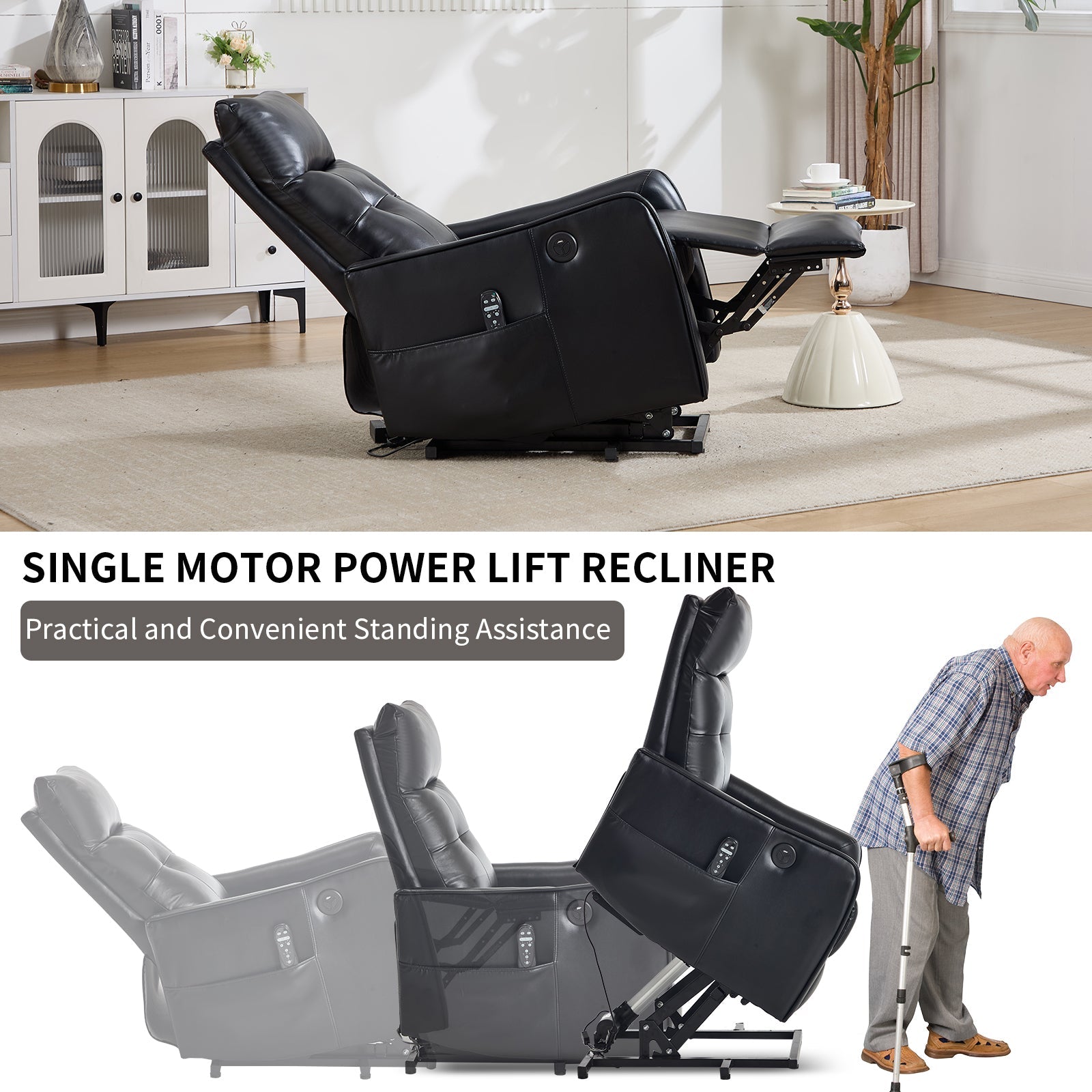 Black PU Single Motor Power Lift Recliner Chair with Massage and Heat for Elderly, Heavy Duty Motion Mechanism and One USB for Charging, Max Reclining Angle 155°
